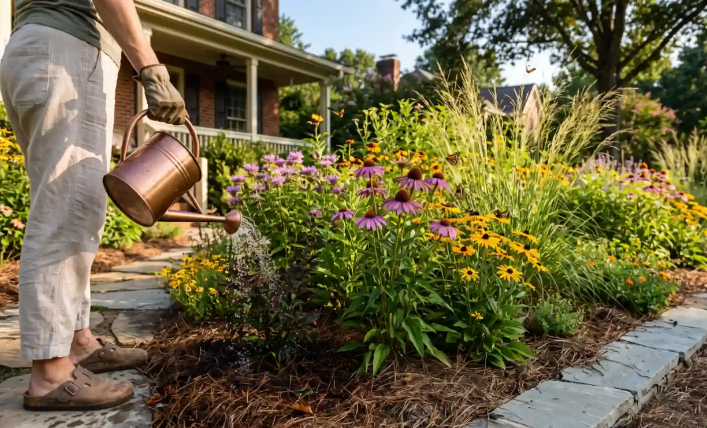 Homeowner watering coneflowers and black eyed susans in a native pollinator bed, reflecting landscaping trends Charlotte properties embrace for low maintenance color