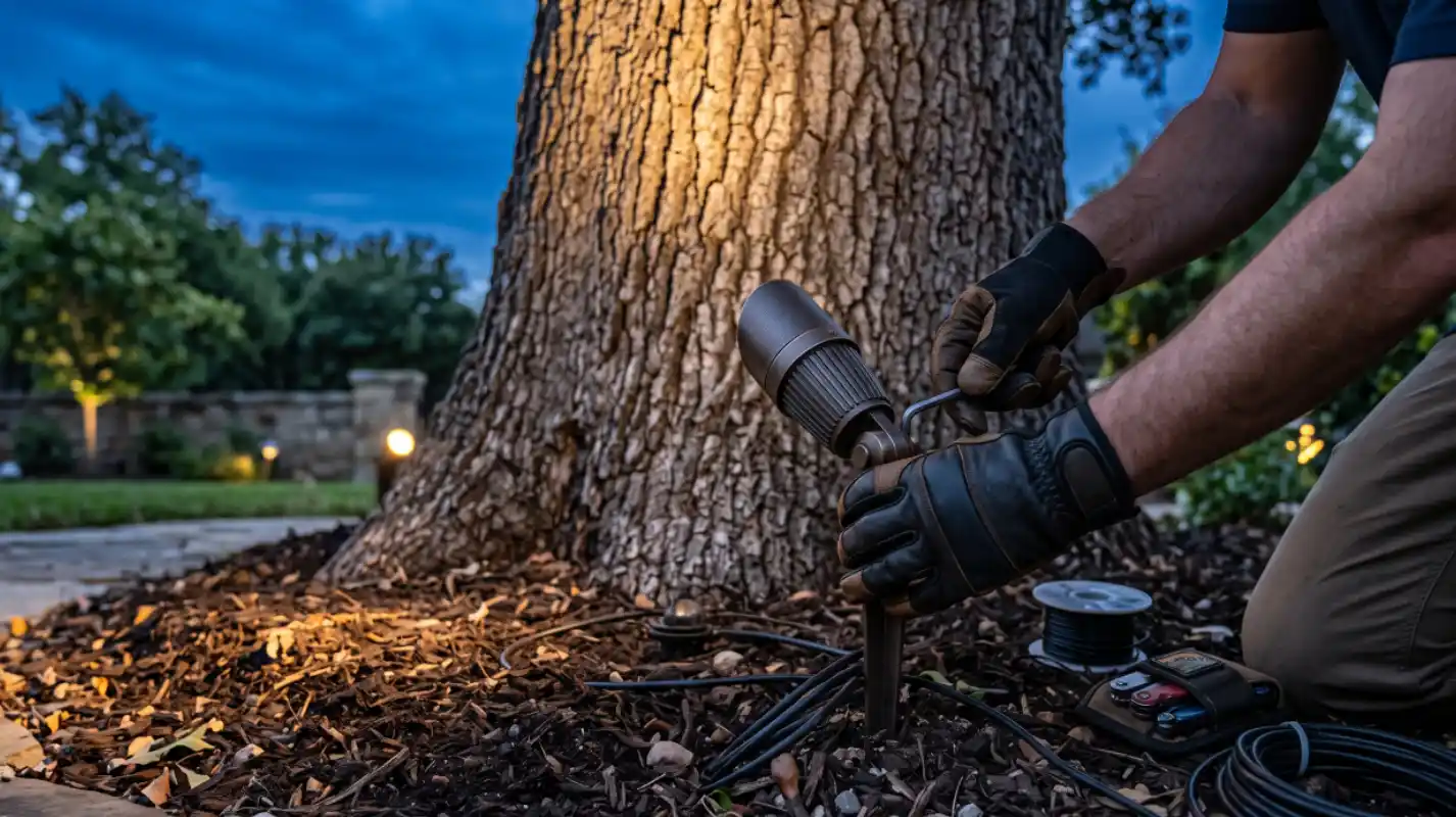 Installing a bronze uplight at the base of a mature oak, showing how low voltage lighting fits current landscaping trends Charlotte NC yards follow