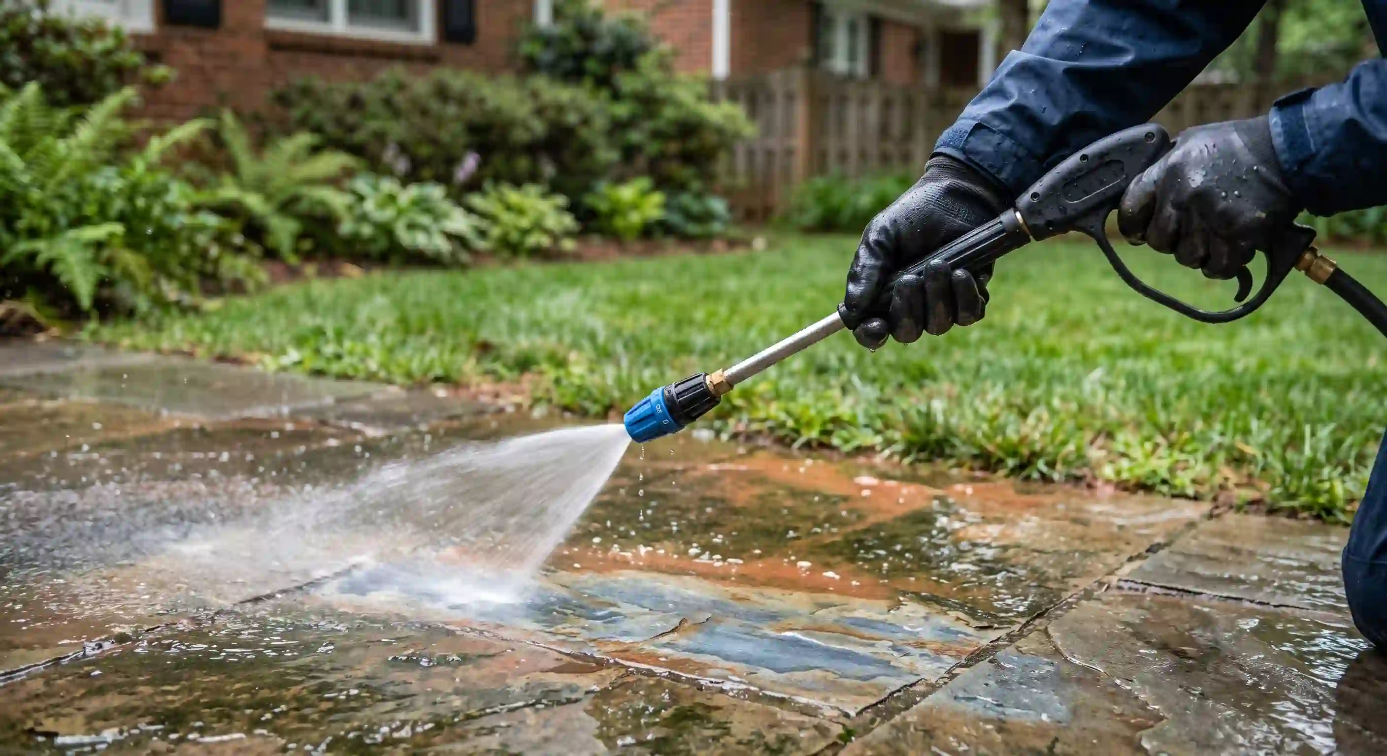 Pressure washing a flagstone patio to remove dirt and algae as part of hardscape maintenance Charlotte homeowners schedule each season