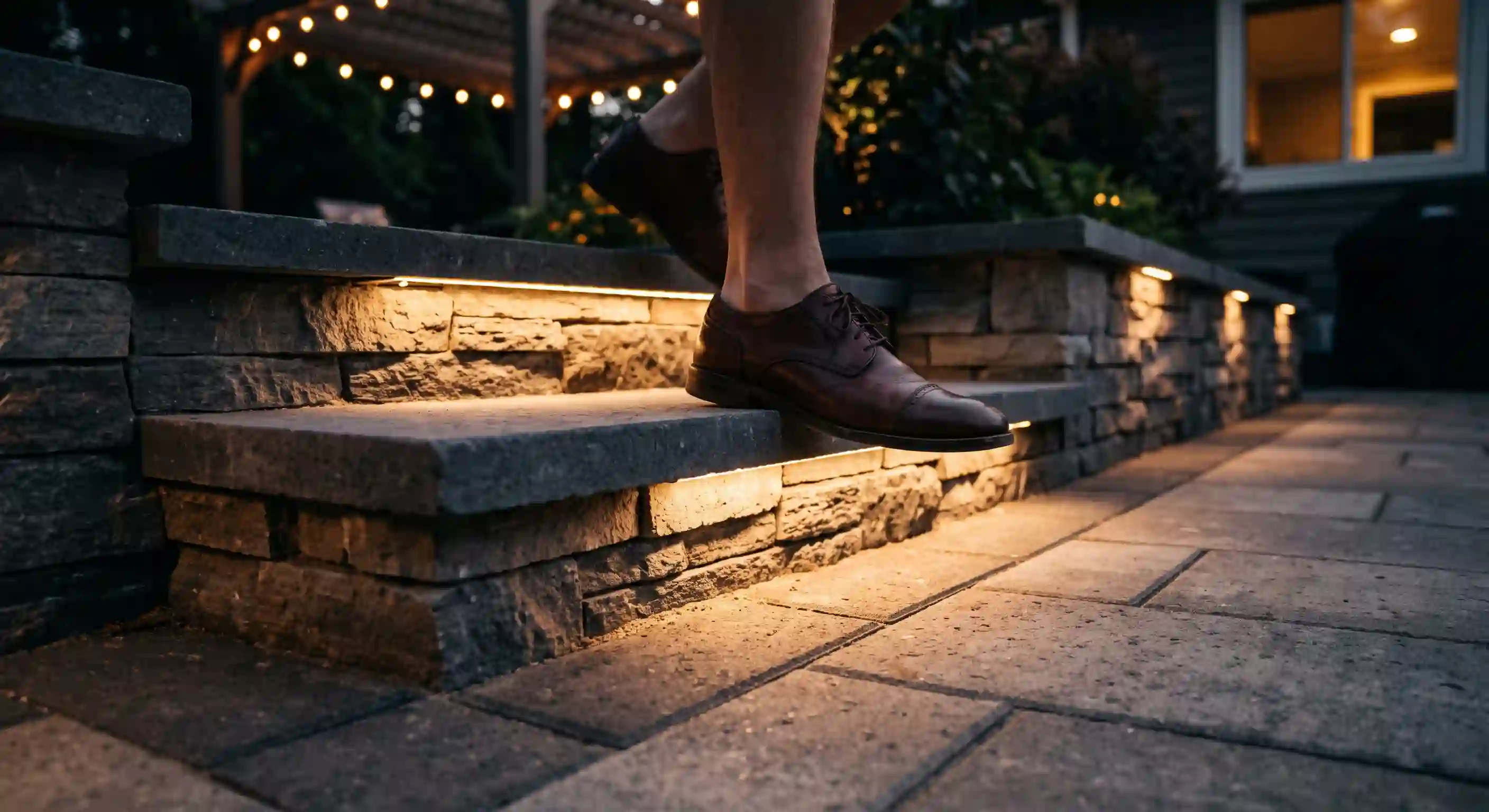Integrated LED step lights glowing under stone patio steps, an example of landscape lighting Charlotte properties add for safety and curb appeal