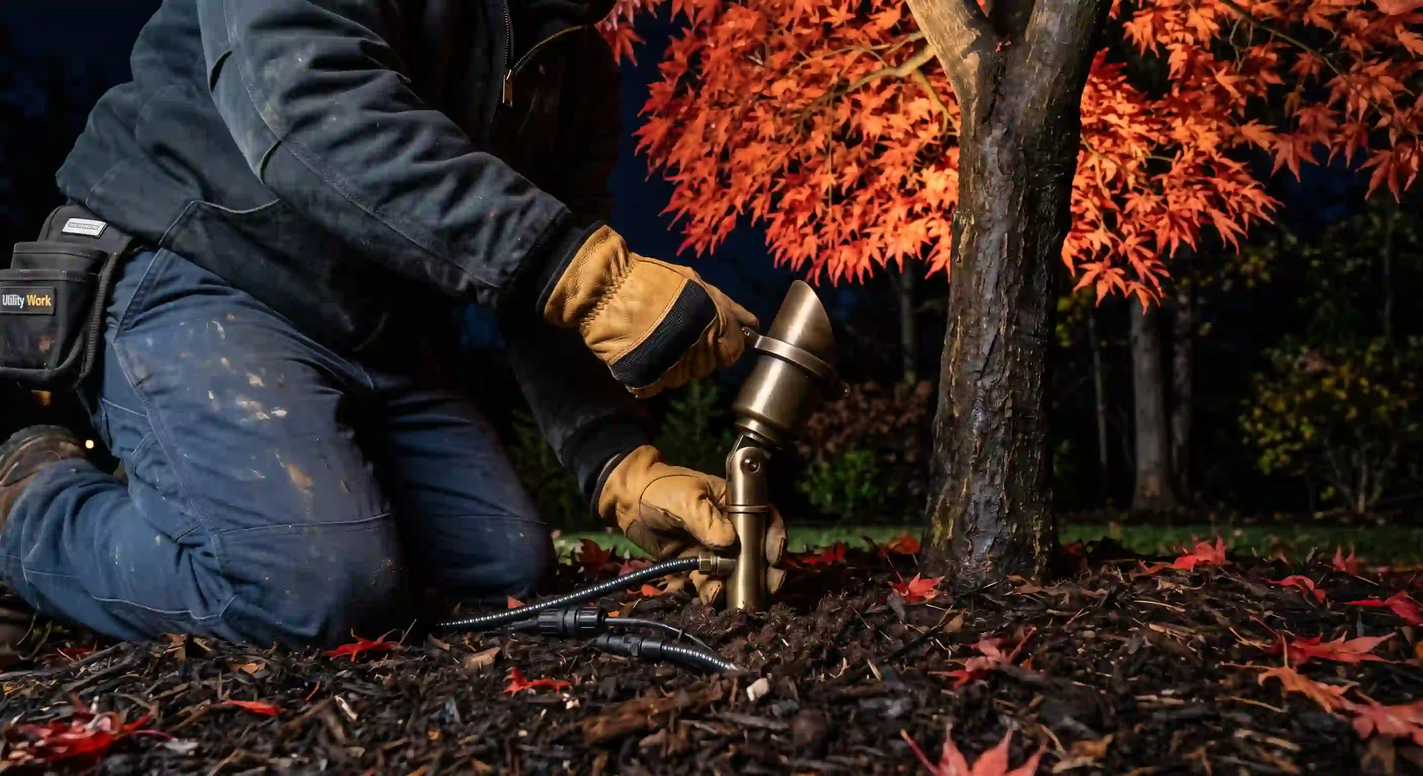 Technician installing a brass uplight beneath a red Japanese maple during a landscape lighting Charlotte installation by Groundsmen Landscaping
