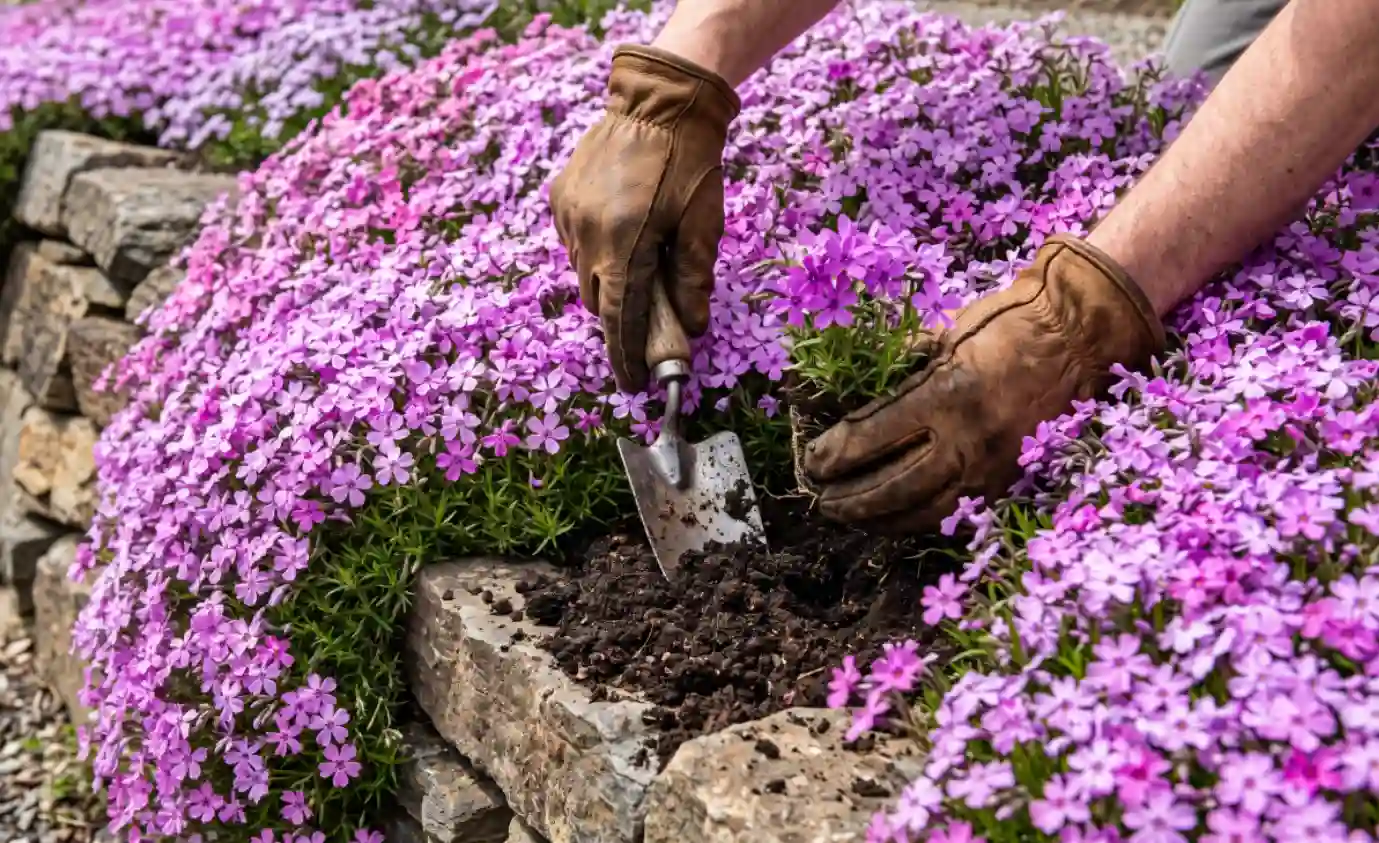 Planting creeping phlox groundcover along a stone retaining wall, one of the low maintenance lawn alternatives Charlotte NC yards thrive with